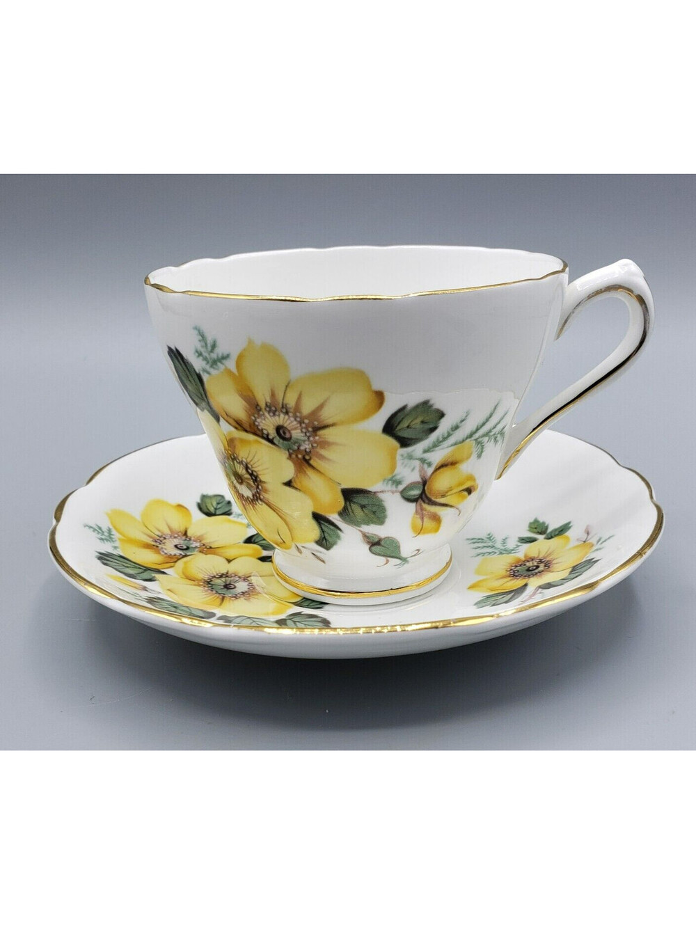 Vintage Regency Teacup & Saucer Fine Bone China Yellow Wild Rose England